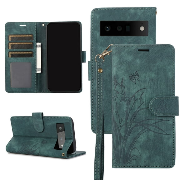 Feishell for Google Pixel 6 Pro Wallet Case with Wrist Strap, [Butterflies & Orchid Embossed] Premium PU Leather Magnetic Clasp Case Cover with Card Slots Kickstand Flip Phone Case for Women Men,Green