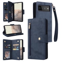 Feishell for Google Pixel 6 Pro Wallet Case with Wrist Strap,Premium PU Leather Zipper Pocket Magnetic Buckle Folio Flip ID Credit Card Slots Shockproof Kickstand Phone Case for Women Men,Blue
