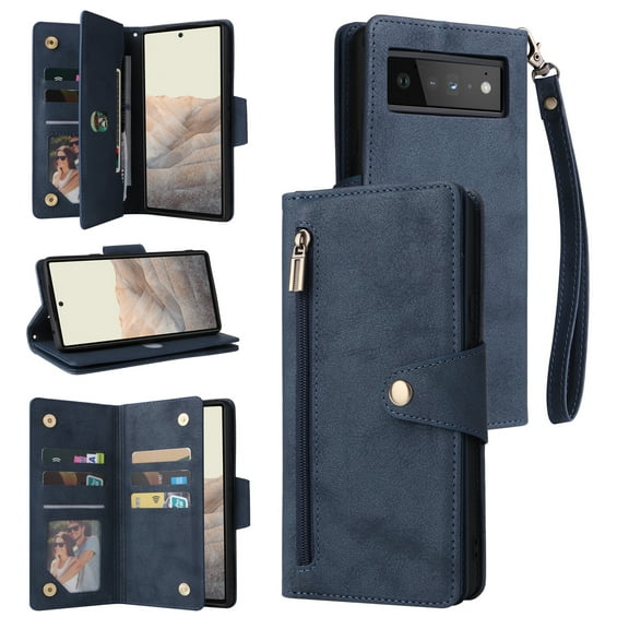 Feishell for Google Pixel 6 Pro Wallet Case with Wrist Strap,Premium PU Leather Zipper Pocket Magnetic Buckle Folio Flip ID Credit Card Slots Shockproof Kickstand Phone Case for Women Men,Blue