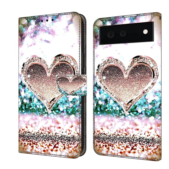 Feishell for Google Pixel 6 Slim Wallet Case with Fashion Colorful Pattern Painted,Luxury PU Leather Magnetic Flip Stand Card Slots Pocket Phone Case,Pink Diamond Heart