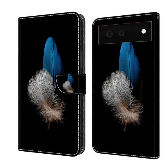 Feishell for Google Pixel 6 Slim Wallet Case with Fashion Colorful Pattern Painted,Luxury PU Leather Magnetic Flip Stand Card Slots Pocket Phone Case,Two Feathers