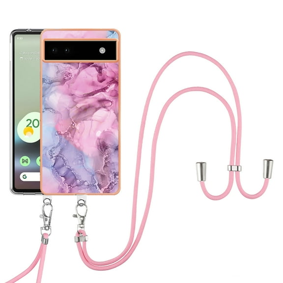 Feishell for Google Pixel 6a Case with Detachable Crossbody Strap, Fashion Marble Pattern Glossy Cover for Women Girls, Slim Fit Anti-Scratch Phone Case for Google Pixel 6a,Pink