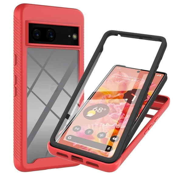 Feishell for Google Pixel 7 6.3 inch Case with PET Front Film,Drop Protection Hybrid 3-in-1 Rugged Clear Anti-yellowing Slim Full Body Protection Phone Case Support Wireless Charging,Red