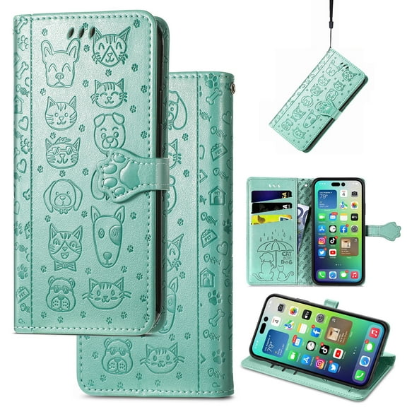 Feishell for Google Pixel 7 Cartoon Cute Wallet Case, Cat Dog Style Flip with ID Card Holder Premium PU Leather Cases with Wrist Strap, Magnetic Closure Folio Kickstand Phone Cover, Green