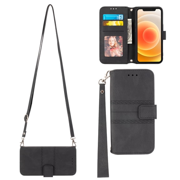 Feishell Google Pixel 7 Case with Credit Cards Holder, Wallet Magnetic Crossbody Shoulder Strap Flip Stand Purse Premium PU Leather Cover for Google Pixel 7, Black