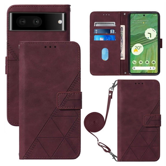 Feishell for Google Pixel 7 Crossbody Wallet Phone Case with Removable Adjustable Shoulder Strap,Premium PU Leather Magnetic Clasp Flip Stand Card Slots Protective Cover for Women Men,Winered
