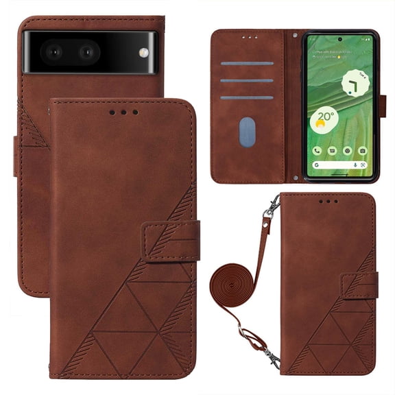 Feishell for Google Pixel 7 Crossbody Wallet Phone Case with Removable Adjustable Shoulder Strap,Premium PU Leather Magnetic Clasp Flip Stand Card Slots Protective Cover for Women Men,Brown