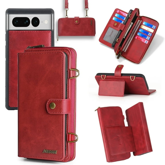 Feishell for Google Pixel 7 Pro Crossbody Wallet Case,PU Leather Lager Capacity Detachable Cover Magnetic Buckle Card Slots Zipper Pocket Kickstand Phone Case with Adjustable Shoulder Strap,Red