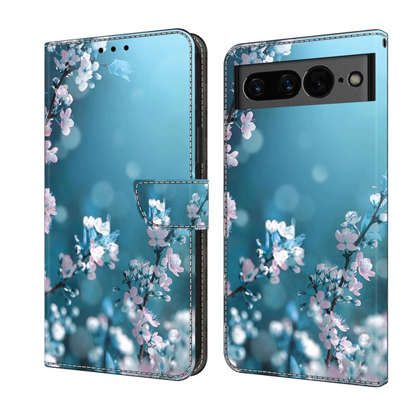 Feishell for Google Pixel 7 Slim Wallet Case with Fashion Colorful Pattern Painted,Luxury PU Leather Magnetic Flip Stand Card Slots Pocket Phone Case,Plum Blossom