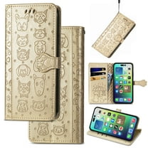 Feishell for Google Pixel 7A Cartoon Cute Wallet Case, Cat Dog Style Flip with ID Card Holder Premium PU Leather Cases with Wrist Strap, Magnetic Closure Folio Kickstand Phone Cover, Gold