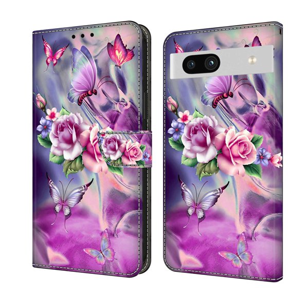 Feishell for Google Pixel 7a Slim Wallet Case with Fashion Colorful Pattern Painted,Luxury PU Leather Magnetic Flip Stand Card Slots Pocket Phone Case,Butterflies & Flowers
