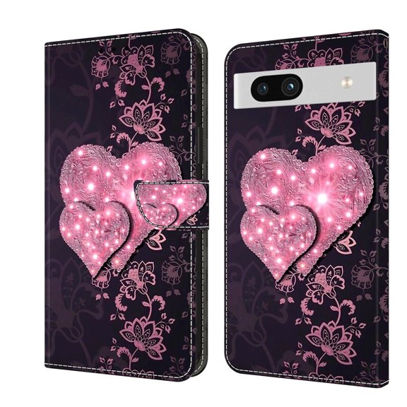 Feishell for Google Pixel 7a Slim Wallet Case with Fashion Colorful Pattern Painted,Luxury PU Leather Magnetic Flip Stand Card Slots Pocket Phone Case,Lace Heartbeat