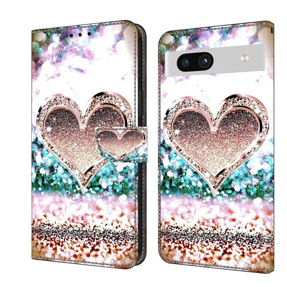 Feishell for Google Pixel 7a Slim Wallet Case with Fashion Colorful Pattern Painted,Luxury PU Leather Magnetic Flip Stand Card Slots Pocket Phone Case,Pink Diamond Heart