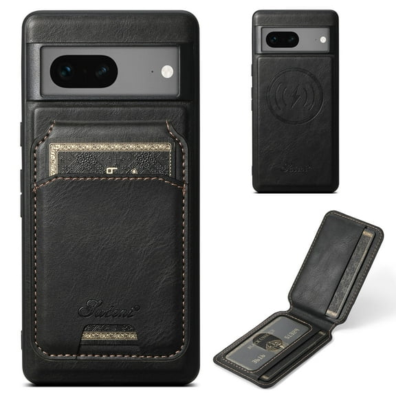 Feishell for Google Pixel 8 Case with Detachable Card Pocket,Shockproof Premium PU Leather Cover Compatible with MagSafe,Credit Card Slots Kickstand Magnetic Car Mount Phone Case - Black