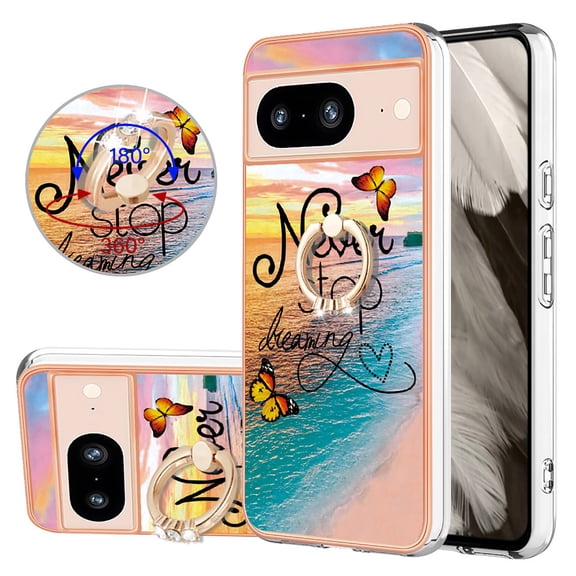 Feishell for Google Pixel 8 Case with Rotating Metal Ring Kickstand, Stylish Thin IMD Marble Flower Pattern Cover Shockproof Lightweight Slim Fit Girls Women Phone Case for Google Pixel 8,C