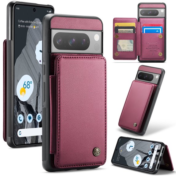 Feishell for Google Pixel 8 Pro Case with Card Holder, Wallet Case for Women Men with RFID Blocking, Durable PU Leather Kickstand Magnetic Clasp Shockproof Phone Case,Winered