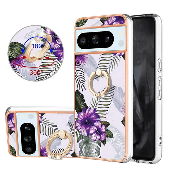 Feishell for Google Pixel 8 Pro Case with Rotating Metal Ring Kickstand, Stylish Thin IMD Marble Flower Pattern Cover Shockproof Lightweight Slim Fit Girls Women Phone Case for Google Pixel 8 Pro,F