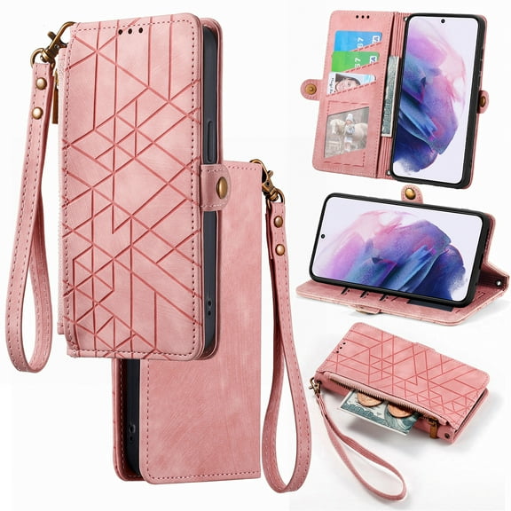 Feishell for Google Pixel 8 Pro Case Wallet, Retro High Quality Zipper Pouch PU Leather Strap Flip Case with Magnetic Closure,[RFID Blocking] Card Holder Kickstand for Google Pixel 8 Pro, Pink