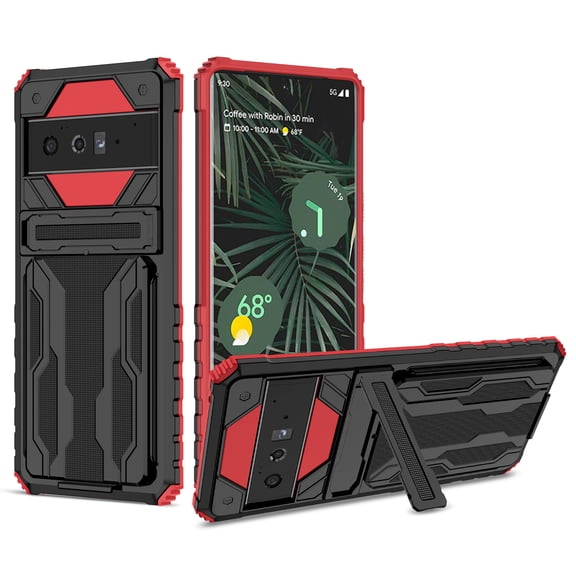 Feishell for Google Pixel 8 Wallet Case Credit Card Holder Stand Kickstand Rugged Hard PC + Soft TPU Shockproof Heavy Duty Defender Armor [Military Grade Protection] Grip Phone Case, Red