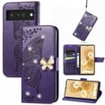 thumbnail image 1 of Feishell for Google Pixel 8 Wallet Case for Women Girls,Bling Diamond Butterfly Embossed PU Leather Magnetic Clasp Flip Kickstand ID Credit Card Slots Phone Case with Wrist Strap,Purple, 1 of 9