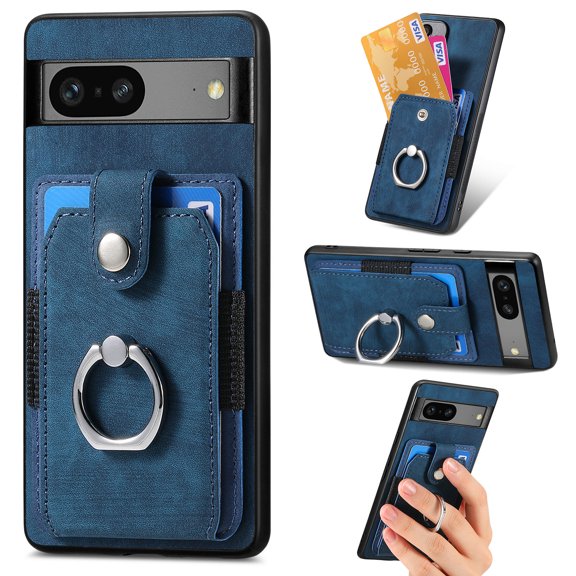 Feishell for Google Pixel 8A Wallet Case with Elastic Card Holder,Premium PU Leather Shockproof TPU Bumper 360° Rotation Finger Ring Holder Kickstand Anti-Scratch Protective Phone Case,Blue