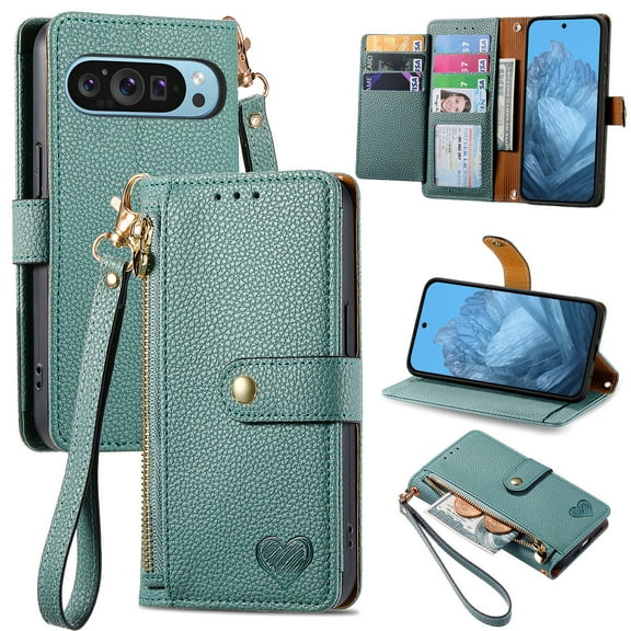 Feishell for Google Pixel 9 / 9 Pro Case,RFID Blocking Wallet Case for Women Men,Premium PU Leather Credit Card Holder Zipper Pocket Magnetic Buckle Flip Kickstand Phone Case with Wrist Strap, Green