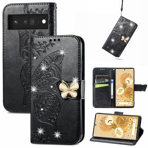 Feishell for Google Pixel 9 / 9 Pro Wallet Case for Women Girls,Bling Diamond Butterfly Embossed PU Leather Magnetic Clasp Flip Kickstand ID Credit Card Slots Phone Case with Wrist Strap,Black