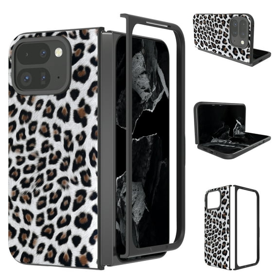 Feishell for Google Pixel 9 Pro Fold Fashion Leopard Print Phone Case for Women Men,PU Leather & Hard PC Shock Absorption Anti-Slip Slim Folding Protective Phone Case - Silver