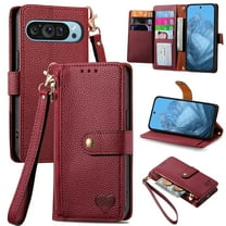 Feishell for Google Pixel 9 Pro XL Case,RFID Blocking Wallet Case for Women Men,Premium PU Leather Credit Card Holder Zipper Pocket Magnetic Buckle Flip Kickstand Phone Case with Wrist Strap, Red