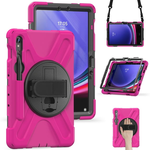Feishell Heavy Duty Case for Samsung Galaxy Tab S9 FE/S9 11.0 Inch 2023, Military Grade Shockproof Rugged Cover with 360° Rotatable Kickstand/Hand Strap, Shoulder Strap, S Pen Holder Case,Rose
