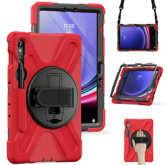 Feishell Heavy Duty Case for Samsung Galaxy Tab S9 FE/S9 11.0 Inch 2023, Military Grade Shockproof Rugged Cover with 360° Rotatable Kickstand/Hand Strap, Shoulder Strap, S Pen Holder Case,Red