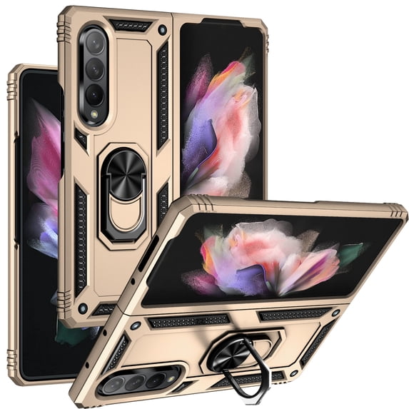 Feishell Hybrid Armor Case for Samsung Galaxy Z Fold3 5G,Military Grade Shockproof 360 Rotatable Metal Ring Holder Kickstand Support Magnetic Car Mount Dual Layer Protective Phone Case,Gold