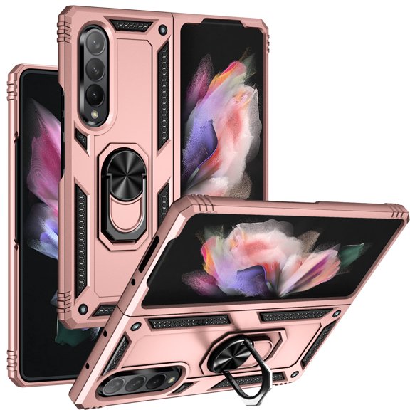 Feishell Hybrid Armor Case for Samsung Galaxy Z Fold3 5G,Military Grade Shockproof 360 Rotatable Metal Ring Holder Kickstand Support Magnetic Car Mount Dual Layer Protective Phone Case,Rosegold