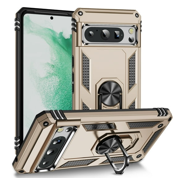 Feishell Hybrid Armor Phone Case for Google Pixel 10 Pro XL,Military Grade Shockproof 360 Rotatable Metal Ring Holder Kickstand Support Magnetic Car Mount Dual Layer Protective Phone Cover,Gold