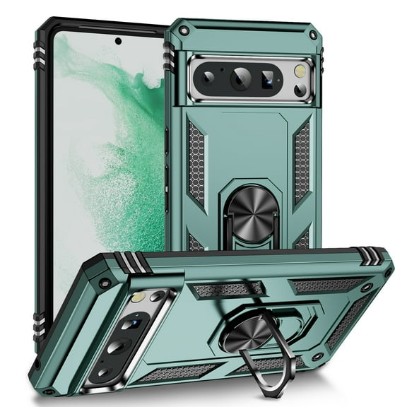 Feishell Hybrid Armor Phone Case for Google Pixel 9A,Military Grade Shockproof 360 Rotatable Metal Ring Holder Kickstand Support Magnetic Car Mount Dual Layer Protective Phone Cover,Darkgreen