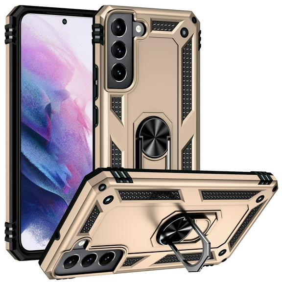 Feishell Hybrid Armor Phone Case for Samsung Galaxy S21 Plus, Military Grade Shockproof 360 Rotatable Metal Ring Holder Kickstand Support Magnetic Car Mount Dual Layer Protective Phone Cover,Gold