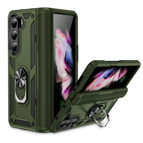 Feishell Hybrid Armor Phone Case for Samsung Galaxy Z Fold 6,Military Grade Shockproof 360 Rotatable Metal Ring Holder Kickstand Support Magnetic Car Mount Dual Layer Protective Phone Cover,Armygreen