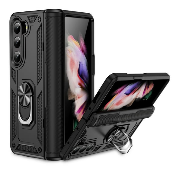 Feishell Hybrid Armor Phone Case for Samsung Galaxy Z Fold 6,Military Grade Shockproof 360 Rotatable Metal Ring Holder Kickstand Support Magnetic Car Mount Dual Layer Protective Phone Cover,Black