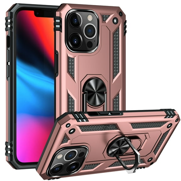 Feishell Hybrid Armor Phone Case for iPhone 13 Pro,Military Grade Shockproof 360 Rotatable Metal Ring Holder Kickstand Support Magnetic Car Mount Dual Layer Protective Phone Cover,Rosegold
