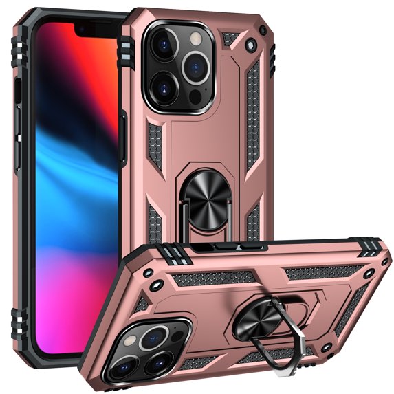 Feishell Hybrid Armor Phone Case for iPhone 13 Pro,Military Grade Shockproof 360 Rotatable Metal Ring Holder Kickstand Support Magnetic Car Mount Dual Layer Protective Phone Cover,Rosegold
