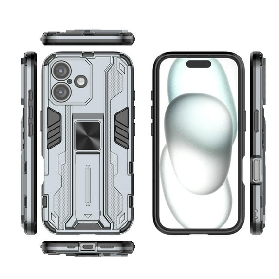 Feishell Hybrid Armor Rugged Case for iPhone 16,Support Magnetic Car Mount,Military Grade Drop Protection Hidden Kickstand Rugged Non-Slip Durable Phone Case for iPhone 16,Gray