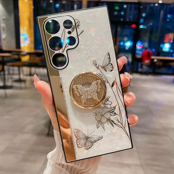 Feishell Kickstand Case Galaxy S23 Ultra Cute Bling Glitter Marble Pearl Floral Butterfly Elegant Rhinestone Diamond Protective Cover for Girls for Samsung Galaxy S23 Ultra 6.8 inch, White