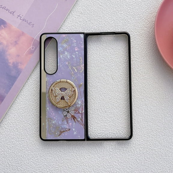 Feishell Kickstand Case Galaxy Z Fold 3 Cute Bling Glitter Marble Pearl Floral Butterfly Elegant Rhinestone Diamond Protective Cover for Girls for Samsung Galaxy Z Fold 3, Purple