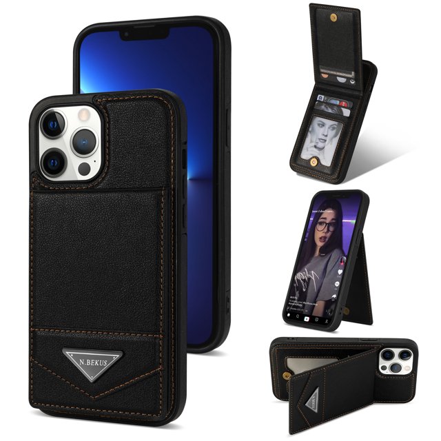 Feishell Luxury PU Leather Wallet Case for iPhone 15 Pro - Back Credit Card Slots RFID Blocking Kickstand Cover with Magnetic Button, TPU Shockproof Flip Case for iPhone 15 Pro,Black