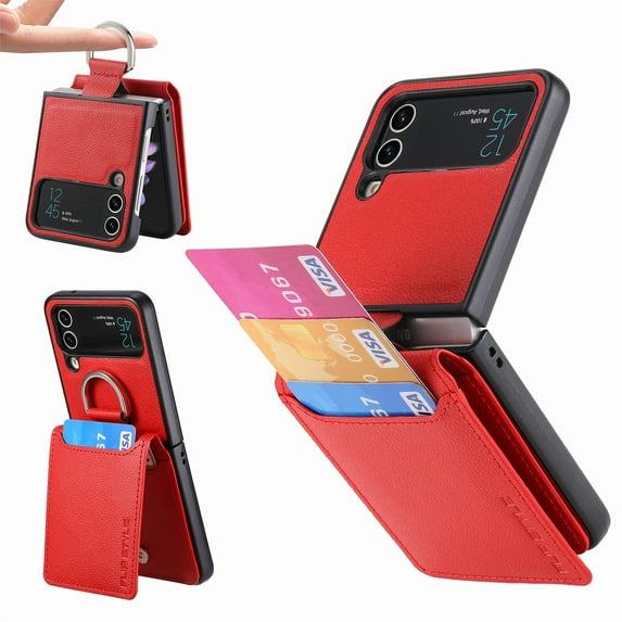 Feishell Lychee Texture PU Leather Phone Case for Samsung Galaxy Z Flip4,with Finger Ring & Card Slots,Drop Protection Magnetic Clasp Kickstand Wallet Phone Case,Red