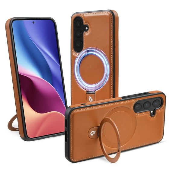 Feishell MagSafe Magnetic Case for Samsung Galaxy S23 Plus with Ring Holder Kickstand, Luxury Faux PU Leather Shockproof Anti-Scratch Slim Phone Cover for Samsung Galaxy S23 Plus, Brown