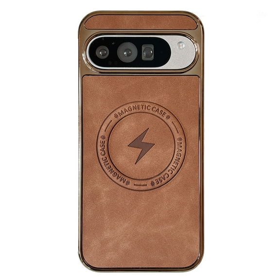Feishell Magnetic Case for Google Pixel 9 / 9 Pro Plain PU Leather Thin Slim Electroplated Edge Case Soft Bumper Anti-Fingerprint Shockproof Protective Phone Cover Compatible with Magsafe,Brown