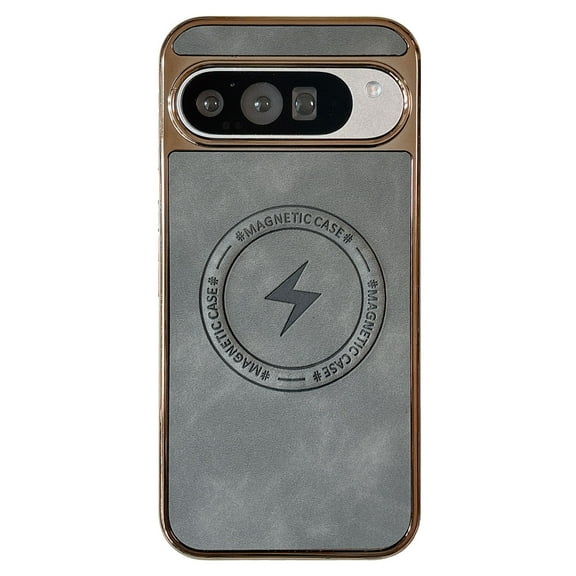 Feishell Magnetic Case for Google Pixel 9A Plain PU Leather Thin Slim Electroplated Edge Case Soft Bumper Anti-Fingerprint Shockproof Protective Phone Cover Compatible with Magsafe,Gray
