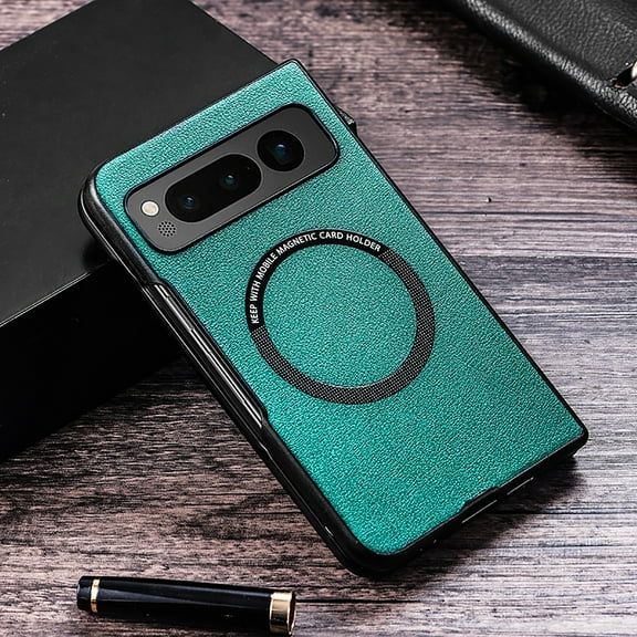 Feishell Magnetic Case for Google Pixel Fold,Built in Magnets for MagSafe Charger,Luxury PU Leather Shockproof Case Support Wireless Charging Ultra Thin Phone Case,Green