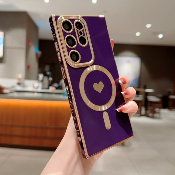 Feishell Magnetic Case for Samsung Galaxy S22 Ultra,Support Magsafe Charging,Women Girls Cute Love Heart Pattern Luxury Plating Electroplate Elegant Shockproof Slim Phone Case,Darkpurple